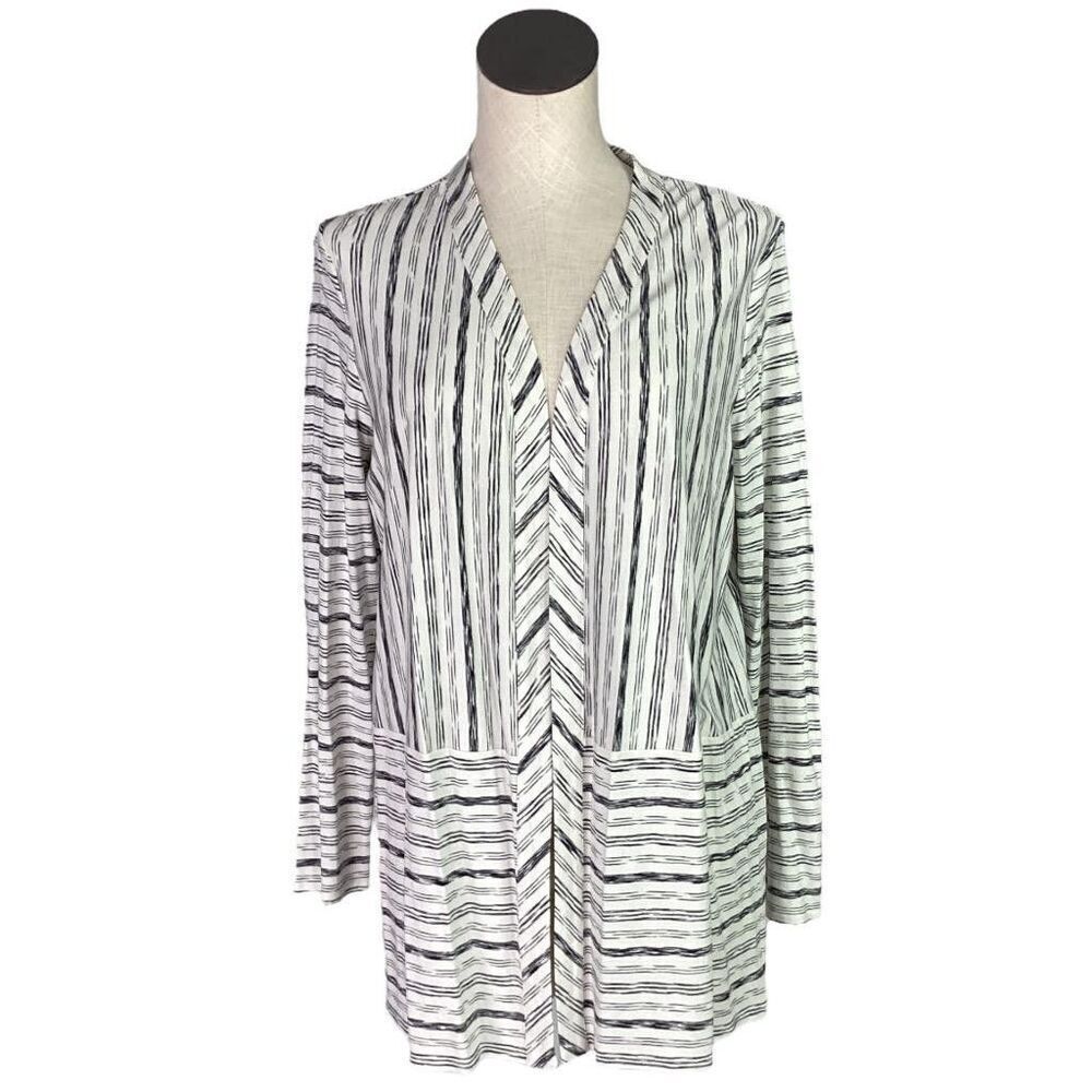 J Jill Wearever Open Cardigan Sweater Women M Black Ivory Stripe Long Sleeve